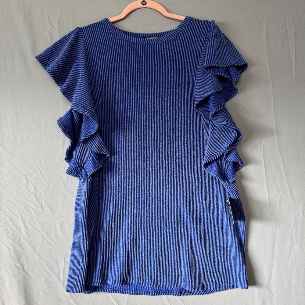 Heimish Womens Ruffle Sleeve Top Size 1XL Blue Office Business Work Career NWT